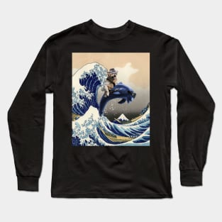 Golden Retriever Dog Riding Dolphin Great Wave Off Kanagawa Long Sleeve T-Shirt